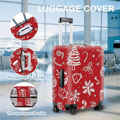 Red Christmas Luggage Cover – Snowflake & Candy Cane Suitcase Protector, Holiday Travel Luggage Sleeve, Stretchable & Waterproof, S
