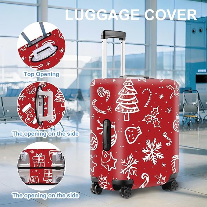 Red Christmas Luggage Cover – Snowflake & Candy Cane Suitcase Protector, Holiday Travel Luggage Sleeve, Stretchable & Waterproof,M