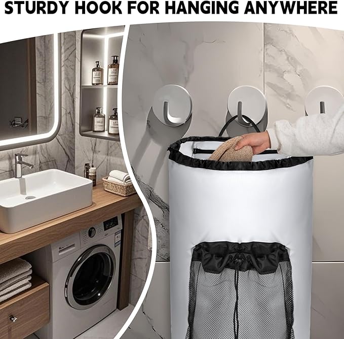 Laundry Bag Backpack with Shoulder Straps and Mesh Pocket Foldable Clothes Hamper Bag with Drawstring Closure for College, Apartment, Laundromat (White)