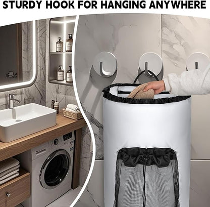 Laundry Bag Backpack with Shoulder Straps and Mesh Pocket Foldable Clothes Hamper Bag with Drawstring Closure for College, Apartment, Laundromat (White)