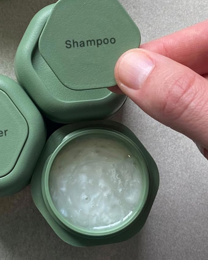 Cadence Travel Containers Haircare Capsule Set - Magnetic Containers with Lids,Carry On Travel Essentials For Women/Men - 3 Flex Mediums (1.32oz) - Shampoo, Conditioner & Comb Icon Labels - Evergreen