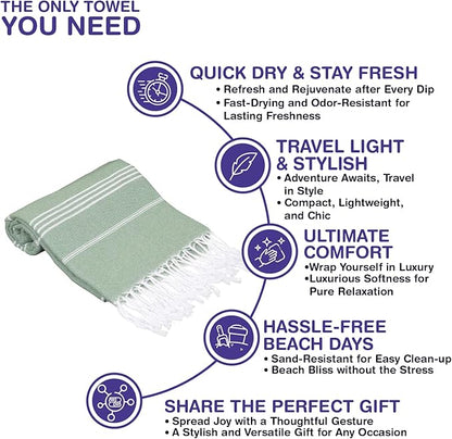 Turkish Beach Towels, Pack of 2 | Oversized, Quick Dry, Sand Free | 100% Cotton, Large 38x71 Towels for Beach, Pool, Travel | Ultra-Soft, Compact, and Absorbent | Light Green