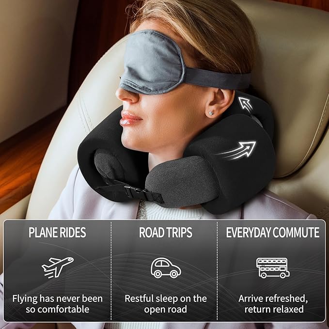 3-Ring Memory Foam Travel Neck Pillow It has obtained a Patent. The Three Rings can be movably Adjusted to Provide Flexible Support for The Neck, Head, and Other Areas.Black