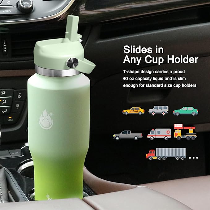 SENDESTAR SENDESTAR 40oz Stainless Steel Water Bottle(Cold for 48 Hrs, Hot for 24 Hrs),Double Wall Vacuum Insulated Bottle with Straw Lid, Spout Lid and Flex Cap, Fit in Any Car Cup Holder