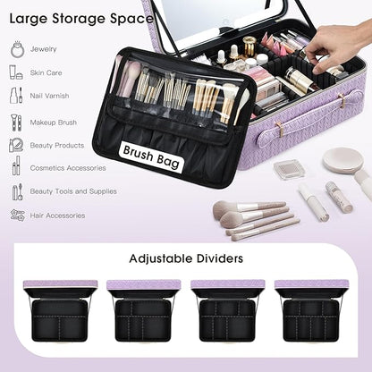 Leather Makeup Case with LED Lighted Mirror 11.4 Inch Travel Makeup Bag Adjustable Brightness in 3 Colors Cosmetic Organizer Artist Storage Bag with Dividers Brush Holder Bag Vanity Shiny Purple
