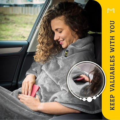 Travel Blanket Airplane Compact with Hoodie – 2in1 Airplane Travel Accessories from Plane Blanket to Travel Pillow with Luggage Strap, Soft Handle & Secure Pocket