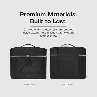 Vanity Cosmetic Case - Stylish Travel Makeup Bag for Women with Removable Wet Pouch, Upright Bottle Design, Clear Top Pocket, Leather Handle, Travel Essentials, Toiletry Organizer - Black