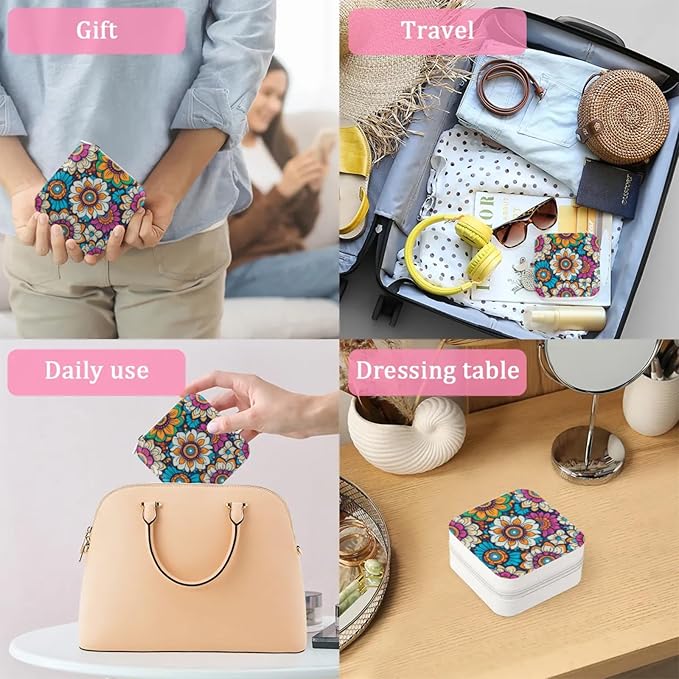 Bohemian Flower Leather Jewelry Box, Retro Mini Travel Jewelry Case Organizer, Jewelry Organizers and Storage with Mirror, Christmas and Birthday Present for Women's and Girls