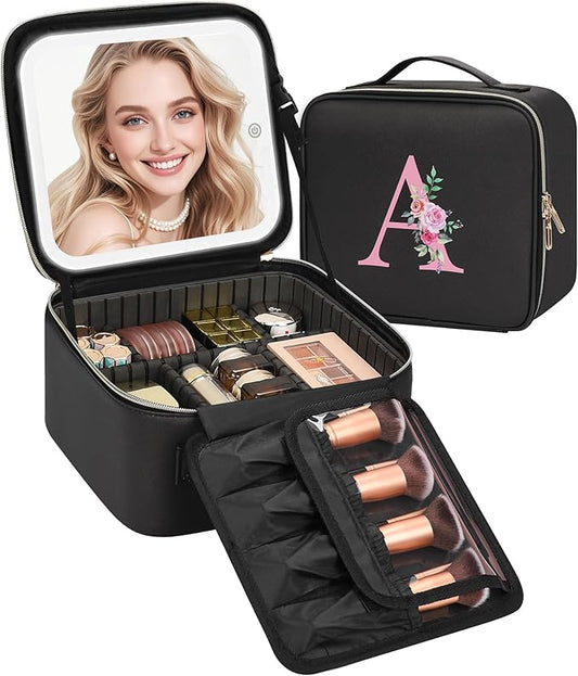 Relavel Initial Makeup Bag with LED Mirror for Women Girls, Personalized Travel Cosmetic Organizer Train Case, Birthday Gifts for Grandkids Bridesmaid Graduation Teacher Friends, Trendy Stuff, Black A