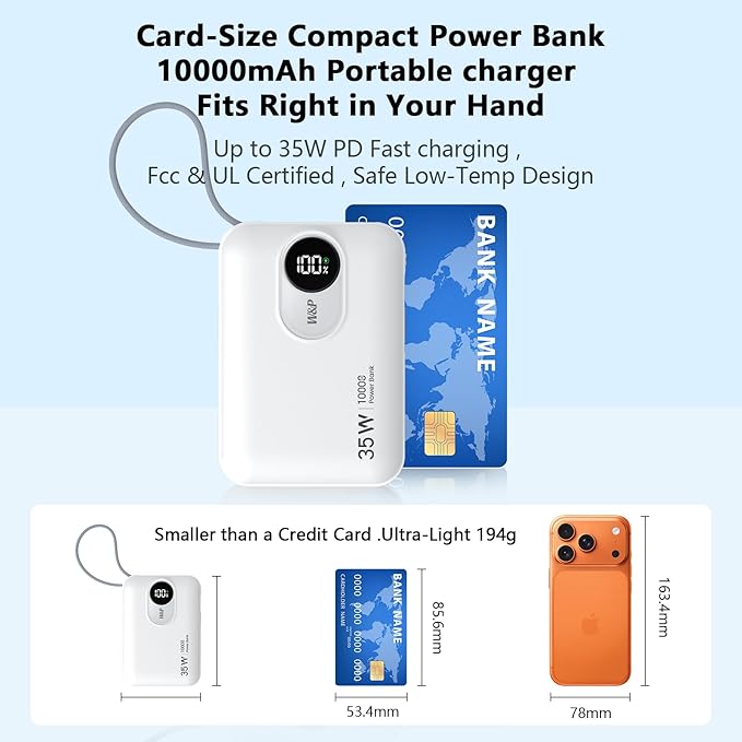 W&P Portable Charger for iPhone, 35W Fast Charging 10000mAh Portable Power Bank with Built-in USB-C & Lightning Cables, Compact Travel Battery Pack for iPhone 15/14/13, Android, iPad, MacBook