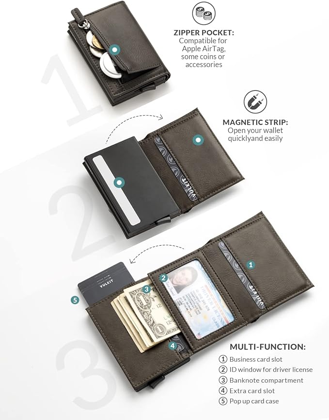 VULKIT Pop up Wallet Minimalist Cash Wallets RFID Blocking Leather Smart Credit Card Holder with Magnetic Closure for Men