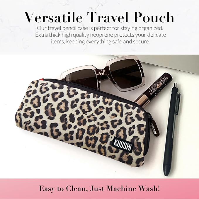 KUSSHI Neoprene Zipper Makeup Brush Pouch and Travel Pencil Case for Beauty Tools, Pencils, Brushes & Small Accessories - Makeup Brush Bag Pouch for Organization and Travel Items (Leopard/Red)