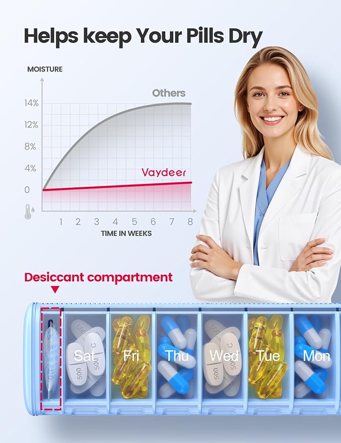 Vaydeer Metal Travel Pill Organizer – Compact Weekly Pill Box for Daily Medication – Portable Small Pill Case for Vitamins, Pills & Supplements (Sliver)