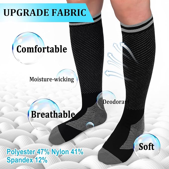 30-40mmHg Medical Graduated Compression Socks for Women&Men Circulation-Compression Stockings-Knee High Socks for Support,Hiking,Running(2 Pack Strip Black Grey,L-XL)