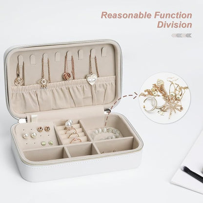 Elegant Travel Jewelry Case for Women - Multi-Function Jewelry Organizer with Necklace Hooks, Ring Slot, and Velvet Lining, Perfect for Trips White