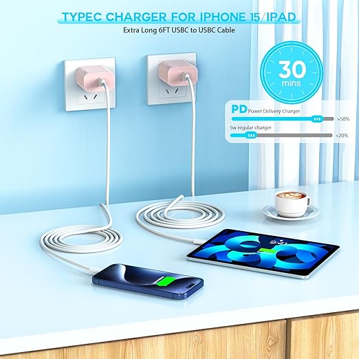 [3Pack]20W USB C Fast Charger iPhone 17 16 Fast Charging, Apple 17 Charger Block 6ft C to C Long Charging Cable Cord for iPhone 17/16e/16 Pro/16 Pro Max/iPhone 15 Series/iPadAir/Mini(Pink+Blue+Purple)