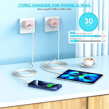 [3Pack]20W USB C Fast Charger iPhone 17 16 Fast Charging, Apple 17 Charger Block 6ft C to C Long Charging Cable Cord for iPhone 17/16e/16 Pro/16 Pro Max/iPhone 15 Series/iPadAir/Mini(Pink+Blue+Purple)
