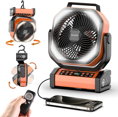 Socool Camping Fan with Light - 20000mAh Rechargeable Battery Fan, 112Hrs Max Run Time, 9 Speeds, Digital Display, Timer, Auto Oscillation, 270° Pivot & Hook for Camping, Power Outage, Hurricane