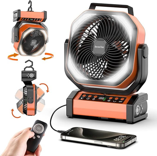 Socool Camping Fan with Light - 20000mAh Rechargeable Battery Fan, 112Hrs Max Run Time, 9 Speeds, Digital Display, Timer, Auto Oscillation, 270° Pivot & Hook for Camping, Power Outage, Hurricane