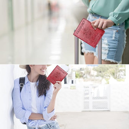 Real Leather Wallet RFID Family Passport Holder Waterproof Travel Black (Red)