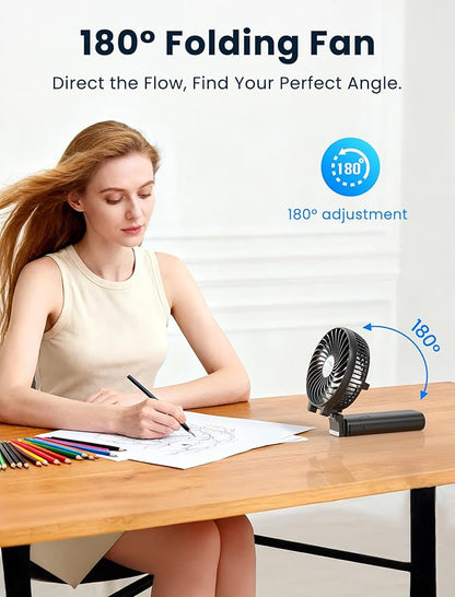 HandFan 5200mAh Portable Handheld Fan, Personal Hand Held Fan USB Rechargeable, 180° Foldable Portable & Detachable Handle Design,3 Speeds Strong Airflow Cooling for Travel/Outdoors/Indoors (Black)