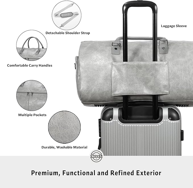 STOVER Garment Travel Duffle Bag, Large 2-in-1 Convertible Carry-on Luggage for Men & Women- Hanging Suits, Dresses & Clothes + Shoe Compartment- Weekender Tote Combo Duffel (Grey Leatherette)