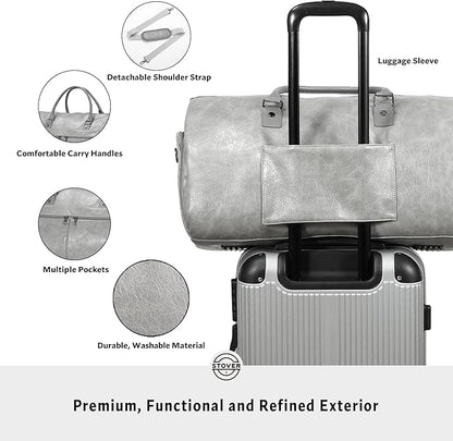 STOVER Garment Travel Duffle Bag, Large 2-in-1 Convertible Carry-on Luggage for Men & Women- Hanging Suits, Dresses & Clothes + Shoe Compartment- Weekender Tote Combo Duffel (Grey Leatherette)