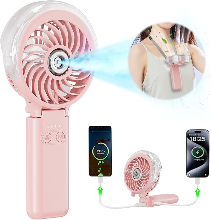HandFan 5200mAh Upgraded Handheld Misting Fan, Personal Mister Fan, Spray Water Mist Fans USB Rechargeable, Electric Mini Cooling Ice AC Fans for Summer Beach Travel Gifts for Women(Pink)