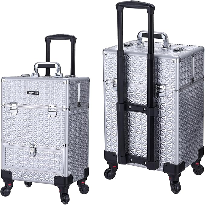 TOPACK Rolling Makeup Case,Professional Cosmetology Case on Wheels,Large Cosmetic Organizer Train Case,Makeup Travel Case with Draws & Swivel wheels Nail Tech Salon Storage Traveling Cart Trunk,Silver