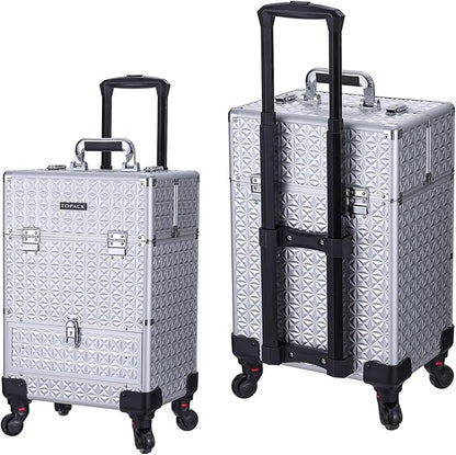 TOPACK Rolling Makeup Case,Professional Cosmetology Case on Wheels,Large Cosmetic Organizer Train Case,Makeup Travel Case with Draws & Swivel wheels Nail Tech Salon Storage Traveling Cart Trunk,Silver