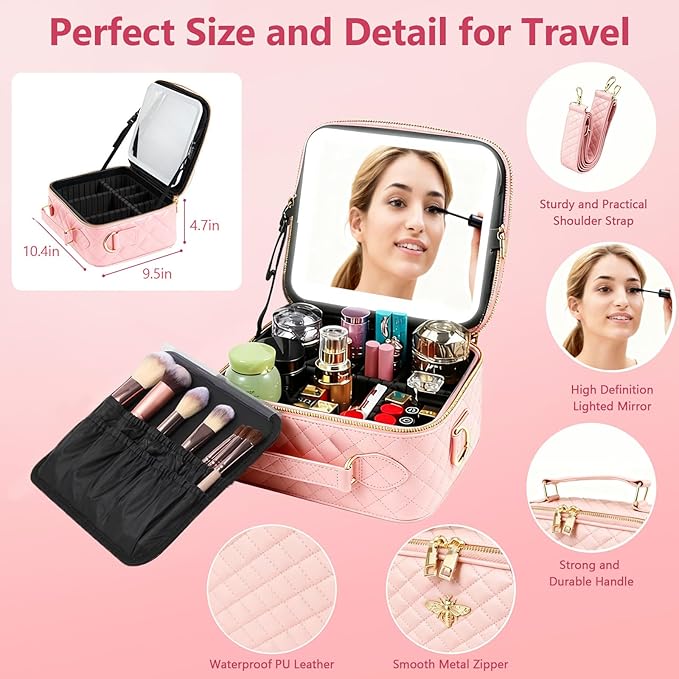Travel Makeup Bag with Light Up Mirror, Portable Makeup Bag with Led Light Women Waterproof Makeup Travel Case adjustable dividers Rechargeable Vanity Mirror with 3 Color Lights