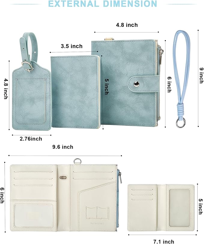 Passport Wallet for Travel, Luxury Vegan Leather RFID Blocking Passport Holder & luggage tag for Women Men, Wristlet Wallet with Zipper Pocket, Couple Travel Essentials