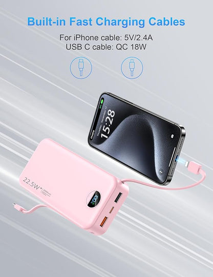 Portable Charger with Wall Plug, 20000mAh USB C Power Bank Fast Charging, External Battery Pack with Built in Cables, Digital Display, 5 Output 2 Input for iPhone Android Cell Phone Tablet