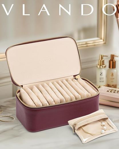 Vlando Jewelry Box with 12 Velvet Jewelry Bags Travel Jewelry Case for Girls Jewelry Organizers Necklace Rings Earrings Storage Bags Christmas Gifts Bridal Shower Gifts- Red