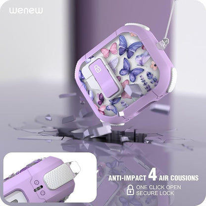 WENEW Case for AirPods 3 Case Cover Secure Lock Automatic Snap Switch Clip Cleaner Kit Lanyard Women Stylish Flower Armour Hard Shell Full Body Front LED Visible (Purple Butterfly, AirPods 3rd)