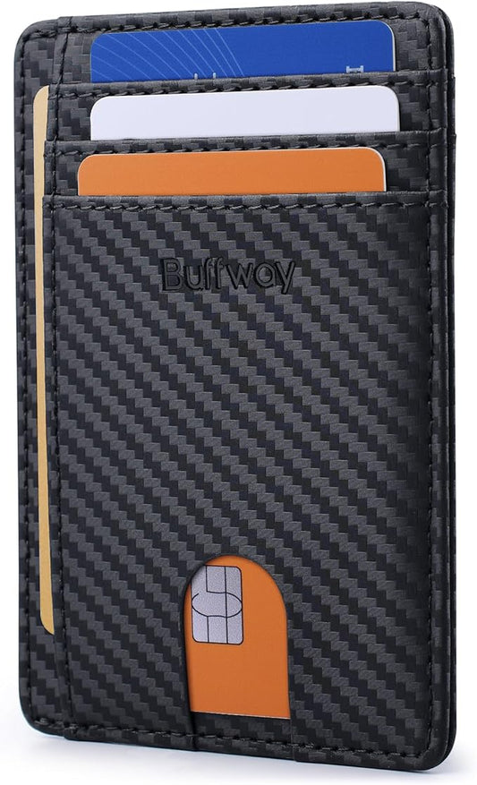 Buffway Slim Minimalist Front Pocket RFID Blocking Leather Wallets for Men and Women - Carbon Fiber Black