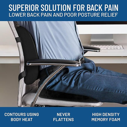 Everlasting Comfort Lumbar Support Pillow for Office Chair - Memory Foam Back Cushion for Car Seat - Promotes Better Posture, Back Pain Relief - Ideal Gaming and Desk Chairs Work and Home Essentials