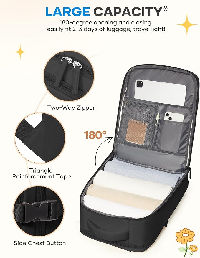 coofay Large Black Travel Backpack For Women Men Airline Approved Carry On Backpack Flight Approved Waterproof Sports Luggage Backpacks Casual Daypack Small Hiking Backpacks