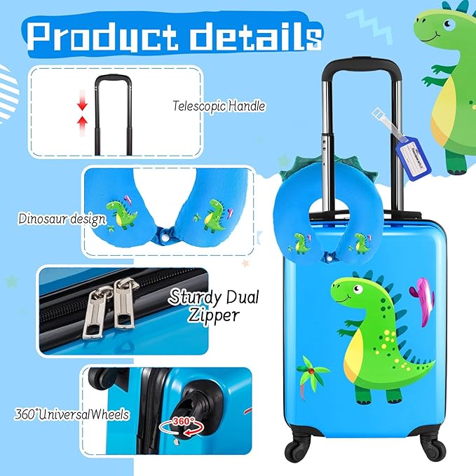 Sanwuta 4 Pcs Kids Luggage Set Backpack Travel Rolling Suitcase U-shape Pillow Christmas Children Gift for Girls Boys(17 Inch,Dinosaur Style,Blue)