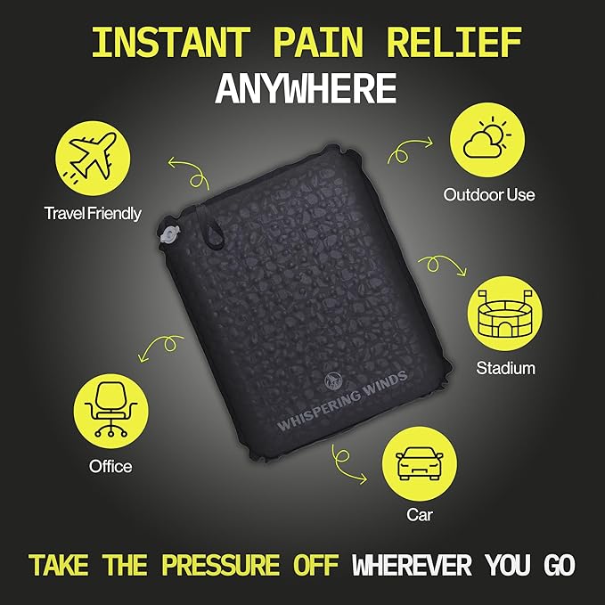 Whispering Winds Inflatable Seat Cushion - Comfortable Blow-up Foam Pad for Airplane, Travel, Stadium, Outdoors, Camping, Car & More