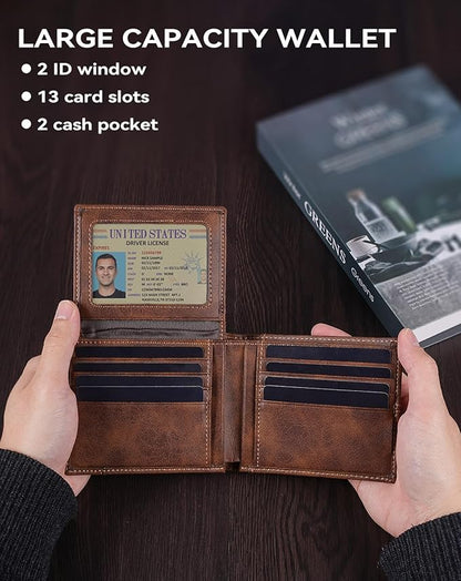 Swallowmall Leather Wallet for Mens Genuine Leather RFID Blocking Bifold Wallets with 2 ID Windows 13 Card Slots