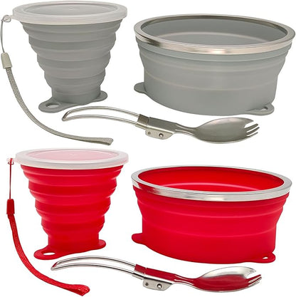 Mess Kit for Camping Silicone Collapsible Bowl Collapsible Cup and Stainless Steel Spoon for Backpacking Outdoor Hiking Traveling and Picnic - 2 Pack