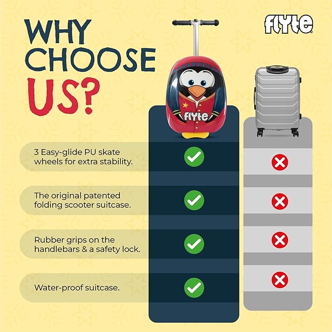 Flyte Perry The Penguin Scooter Suitcase - Rideable, Carry on Compliant 2-in-1 Children's Suitcases, 18 inch Ride on Suitcase for Kids, 25 Litre Capacity Kids' Luggage on Wheels for Children Aged 4+