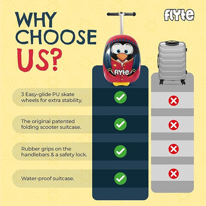 Flyte Perry The Penguin Scooter Suitcase - Rideable, Carry on Compliant 2-in-1 Children's Suitcases, 18 inch Ride on Suitcase for Kids, 25 Litre Capacity Kids' Luggage on Wheels for Children Aged 4+