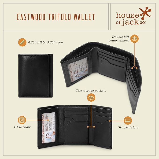 House of Jack Co. Eastwood RFID Trifold Wallet for Men, Double Bill Compartment, Full Grain Cowhide Leather Wallet, Black