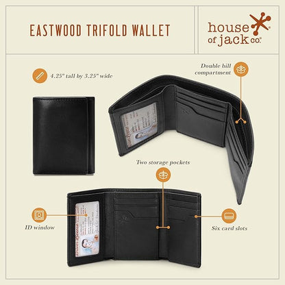 House of Jack Co. Eastwood RFID Trifold Wallet for Men, Double Bill Compartment, Full Grain Cowhide Leather Wallet, Black