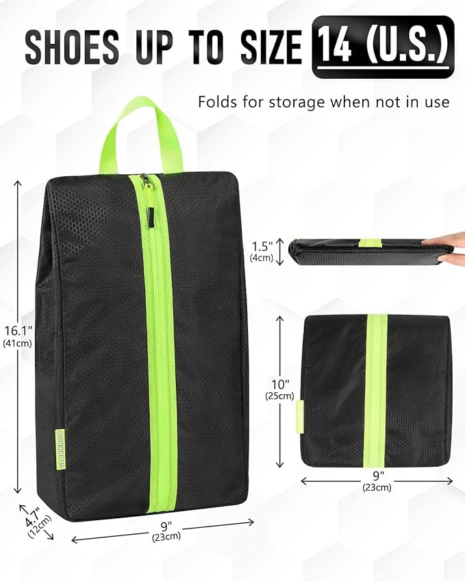 Smell Proof Shoe Bags for Travel-Soccer Cleat Bag Smell Proof with Active Carbon Fabric | Odor-Absorbing Water-Resistant Track Shoe bags for Sports (Black with Green, UP TO US14)