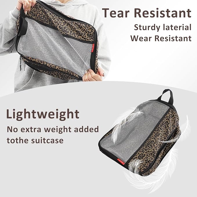 U+U 6 Set Compression Packing Cubes - Ultralight Travel Organizers with Laundry Bag, Space-Saving Suitcase Organizer, Expandable Packing Cubes for Travel, Business Trip and Family Vacation (Leopard)