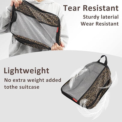 U+U 6 Set Compression Packing Cubes - Ultralight Travel Organizers with Laundry Bag, Space-Saving Suitcase Organizer, Expandable Packing Cubes for Travel, Business Trip and Family Vacation (Leopard)