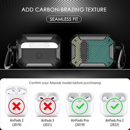 RFUNGUANGO for AirPods Pro 2nd Gen Case with Cleaning Kit, Military Hard Case Protective Armor with Lock, for AirPod Gen 2 Charging Case (2023/2022/2019, 2nd Gen/1st Gen), Carbon Fiber Green